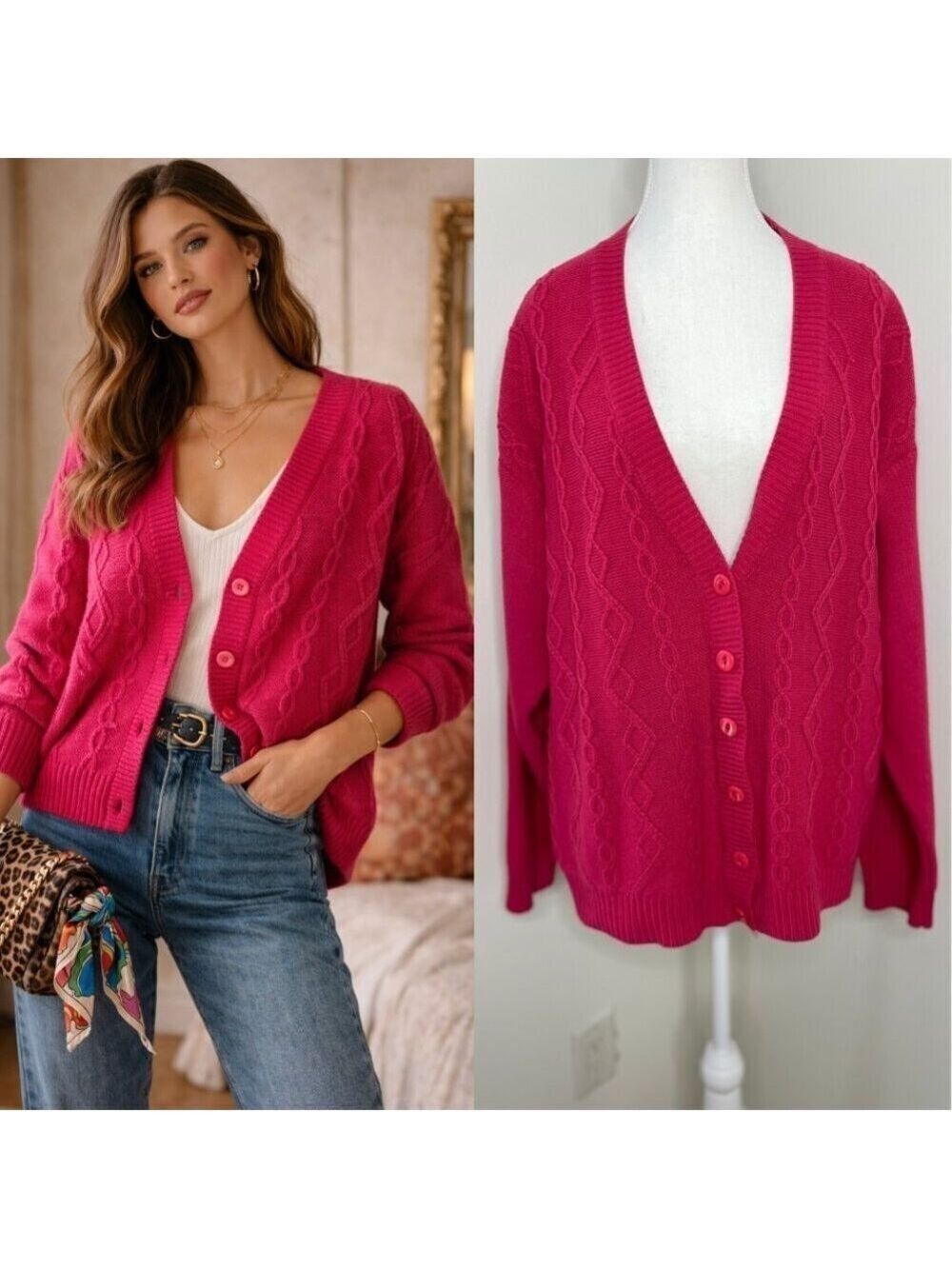 Vintage Image Cable Knit Plunge Cardigan 1x